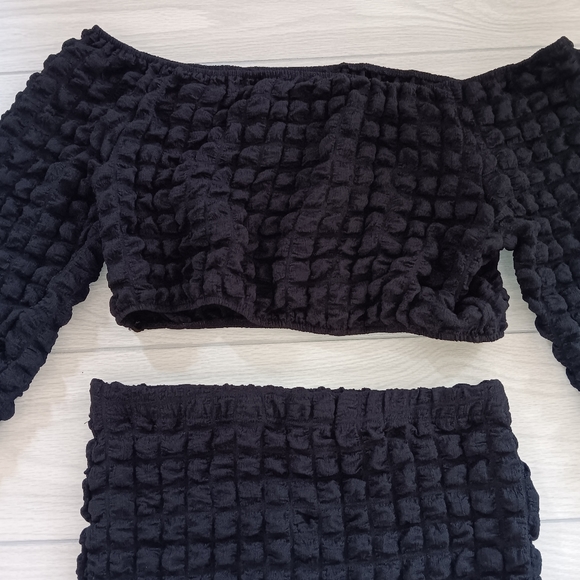 Plus Size Autumn Set One-Character Collar Solid Color Bubble Two-Piece Set - Picture 8 of 13